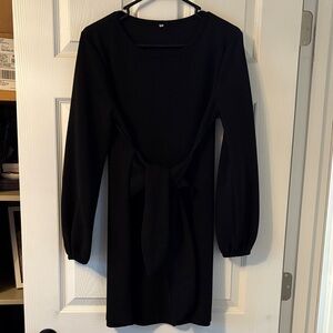 Elegant Black Long Sleeve Dress: knot tie front